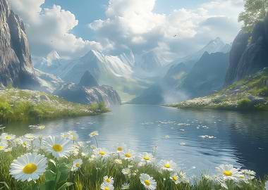 Mountain Lake with Daisies Landscape