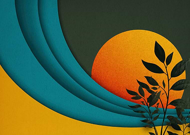 Abstract Sunset with Plant Silhouette