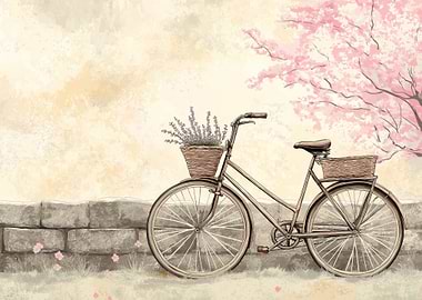 Vintage Bicycle with Lavender and Cherry Blossoms