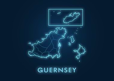 Blue Neon Map of Guernsey