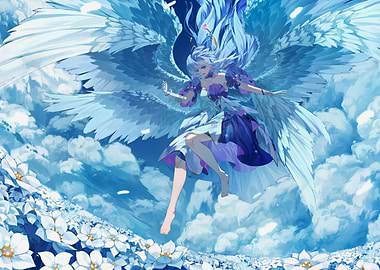 Winged Angel in a Floral Sky