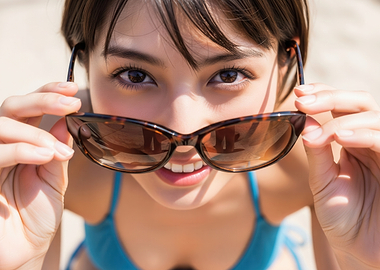 Young Japanese Woman with Sunglasses on the Beach