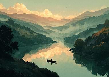 Serene River Landscape with Boat