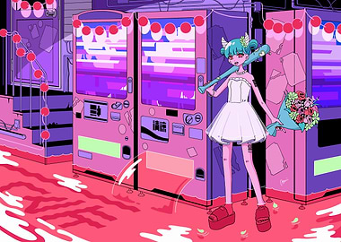 Anime Girl with Baseball Bat and Flowers