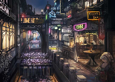 Nighttime Cityscape with Canal and Neon