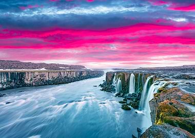Dramatic Waterfall Landscape with Pink Sky