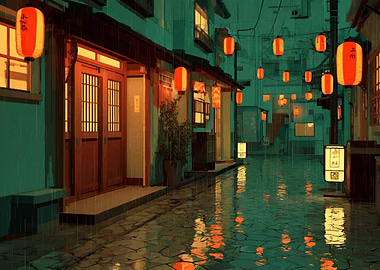 Rainy Japanese Street with Lanterns