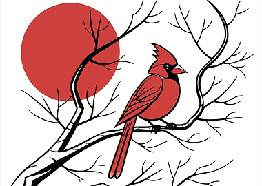 Cardinal Bird on Branch with Red Sun