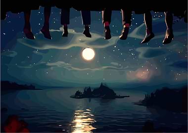 Nighttime Friends Overlooking Water