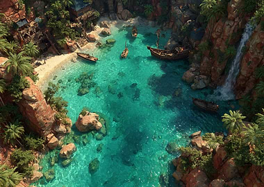 Tropical Cove with Boats and Waterfall