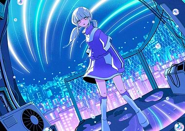 Anime Girl Overlooking Neon Cityscape