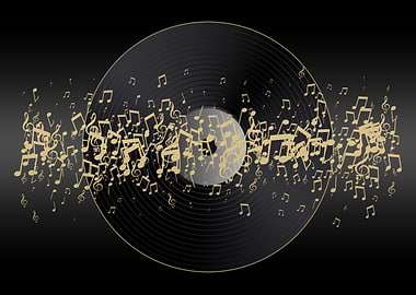 Vinyl Record with Golden Musical Notes