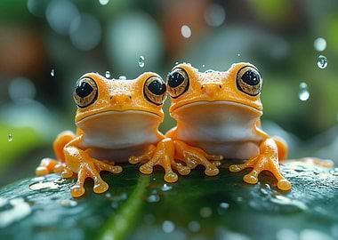 Two Orange Frogs in the Rain