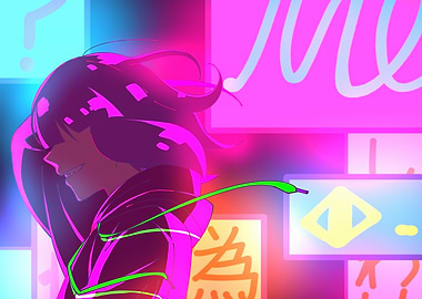 Neon Anime Girl with Gritted Teeth