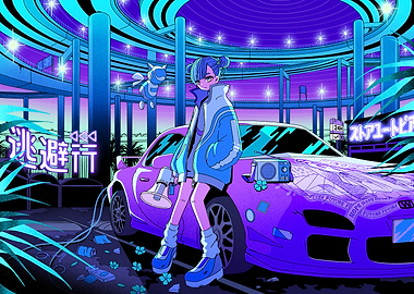 Anime Girl with Car and Robot
