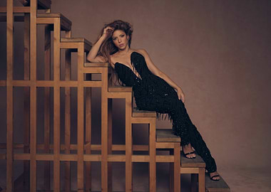Shakira in Black Dress on Stairs