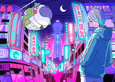 Neon Japanese Street with Boy and Bird