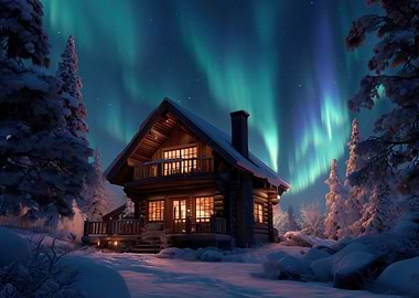 Winter Cabin Under Aurora Borealis