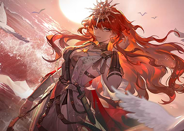 Red-haired woman with crown and birds