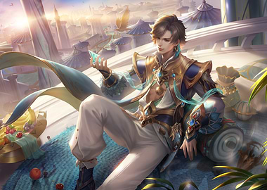 Fantasy Character with Crystal in Cityscape