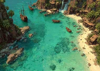 Tropical Island Cove with Sailing Ships