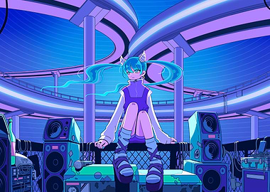 Anime Girl with Horns and Speakers