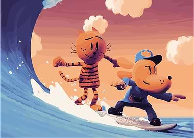 Dog Man and Cat Kid Surfing