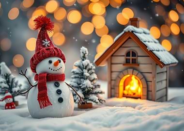 Festive Snowman Scene with Cozy House