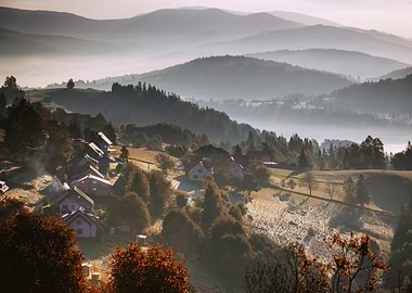 Mountain Village in Morning Mist, Poland