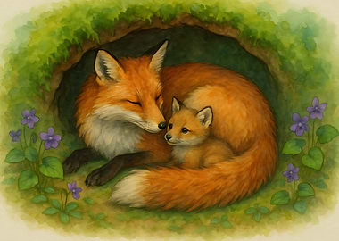 Mother Fox and Cub in Den with Violets