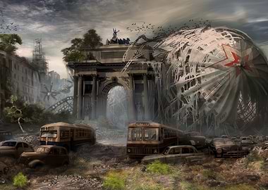 Post-Apocalyptic Cityscape with Airship Wreck