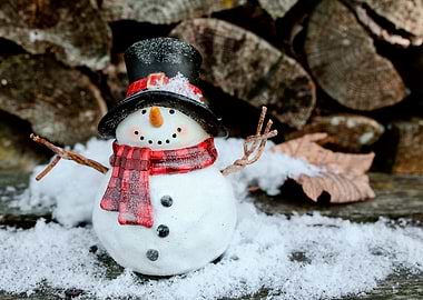 Festive Snowman Decoration with Woodpile Backdrop