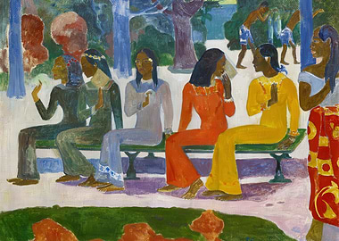 Tahitian Women on a Bench Painting, ms paul gauguin