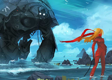 Robot and Woman on a Shore