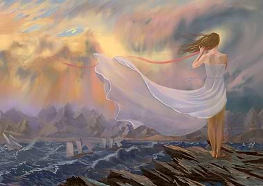 Woman in white dress by the sea