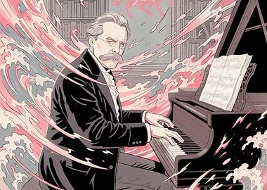 Man playing piano with abstract waves