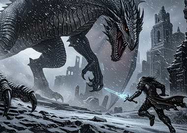 Dragon versus Knight in Snowy Ruins
