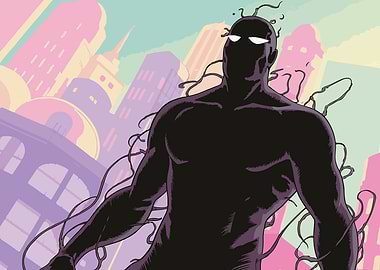 Shadow Figure in Pastel Cityscape