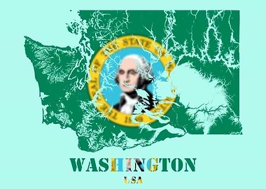 Washington USA Topographic Contour Relief Map blending terrain features into its emblematic colorful flag