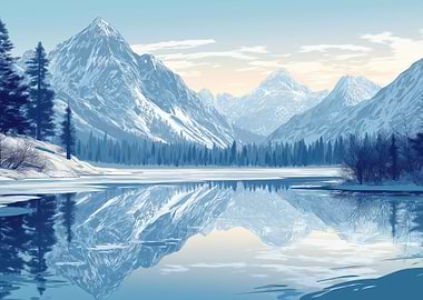 Snowy Mountain Lake Reflection Landscape