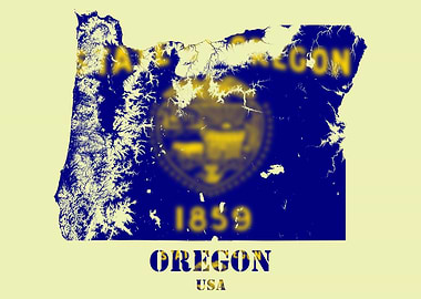 Oregon USA State Topographic Contour Relief Map blending terrain features into its emblematic colorful flag