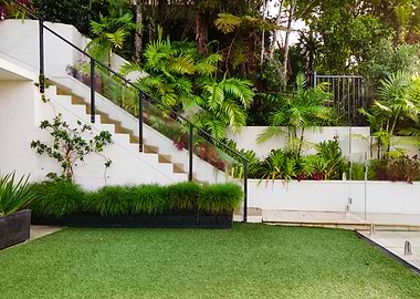 Lush Garden with Modern Staircase
