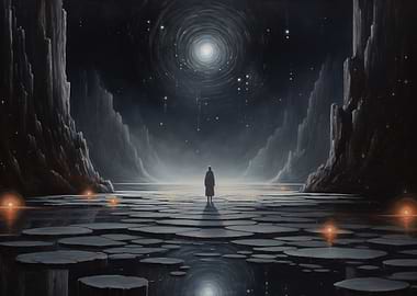 Figure on surreal landscape