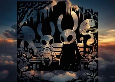Hollow Knight characters on a bench