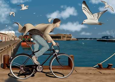 Cycling by the Sea with Seagulls
