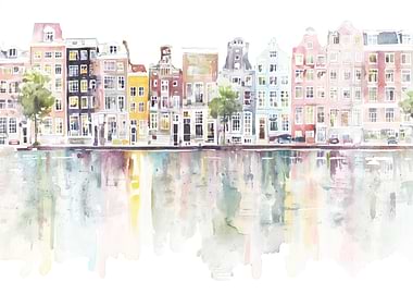 Watercolor Amsterdam Canal Houses Reflection