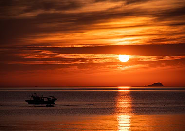 Fiery Sunset Over the Sea in South Korea