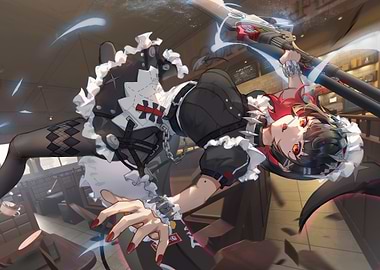 Anime Girl with Weapon in Cafe