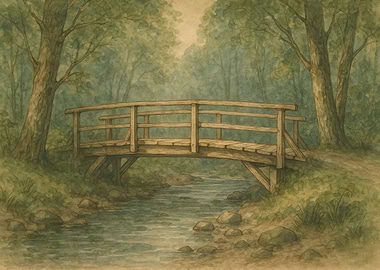 Wooden Bridge Over Stream in Forest