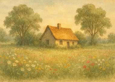 Cottage in a Flower Field Painting